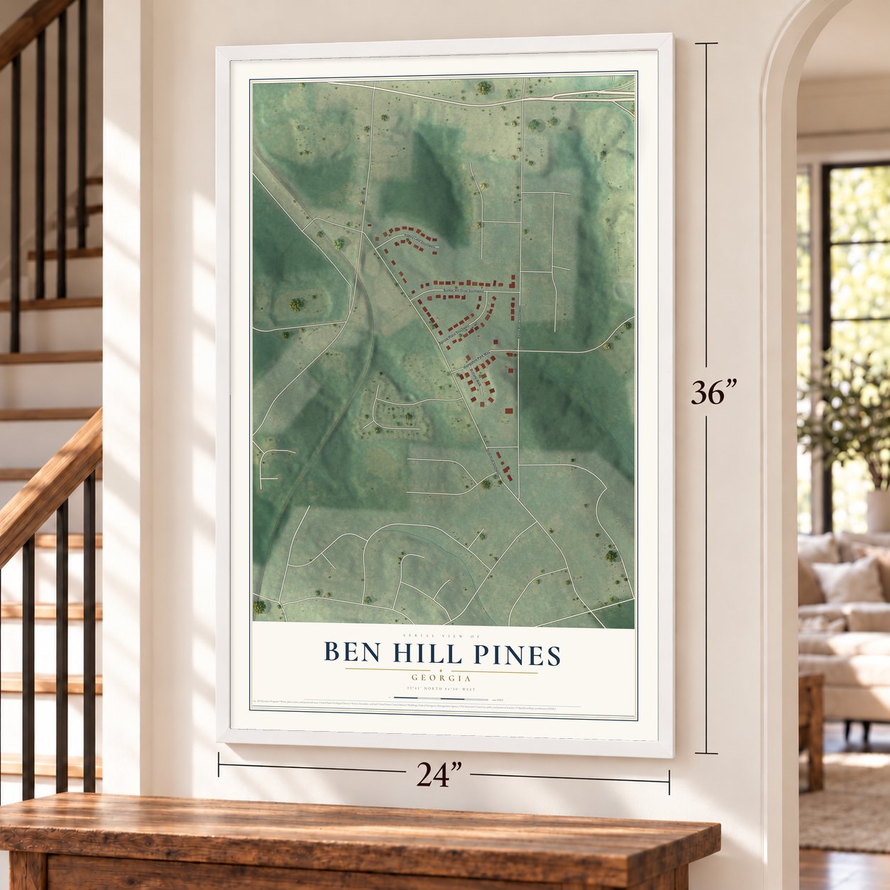Ben Hill Pines, Georgia map, 24 x 36 inch print in a white frame by a staircase