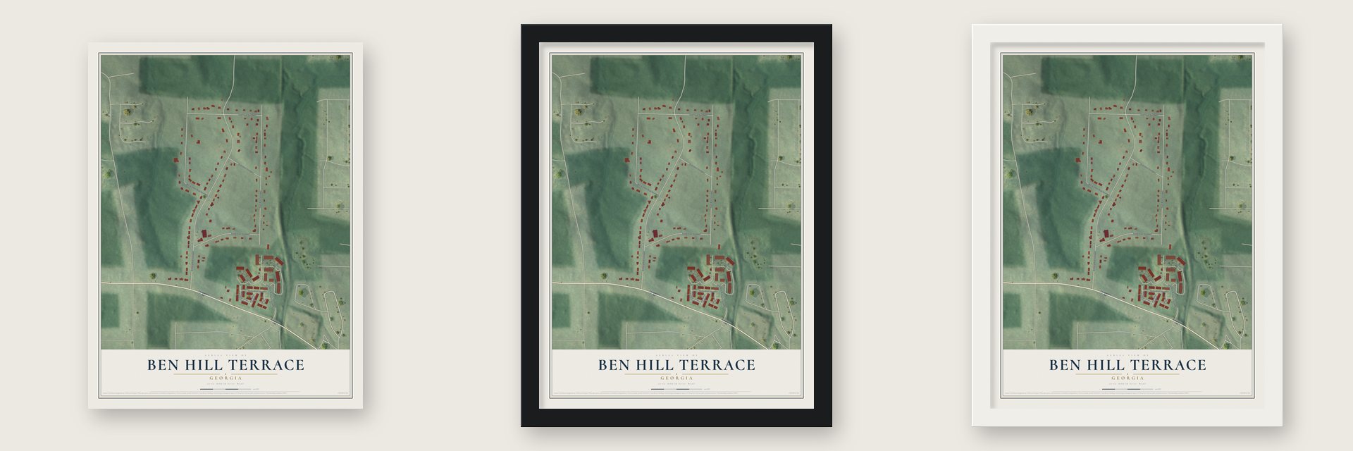 Ben Hill Terrace, Georgia map unframed, in a black wood frame and in a white wood frame
