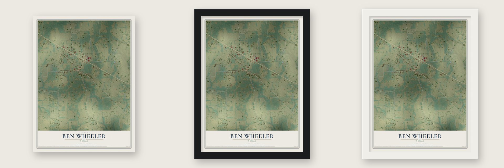 Ben Wheeler, Texas map unframed, in a black wood frame and in a white wood frame