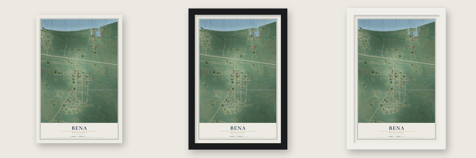Bena, Minnesota map unframed, in a black wood frame and in a white wood frame