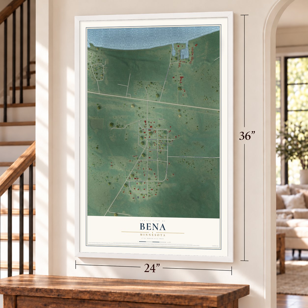 Bena, Minnesota map, 24 x 36 inch print in a white frame by a staircase