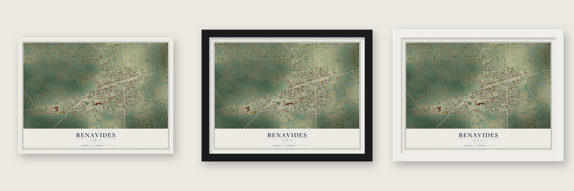 Benavides, Texas map unframed, in a black wood frame and in a white wood frame