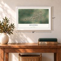Benavides, Texas map, 12 x 18 inch print in a white frame in an entryway