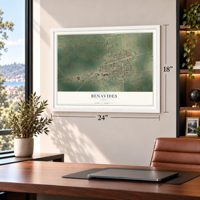 Benavides, Texas map, 18 x 24 inch print in a white frame in a home office