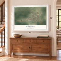 Benavides, Texas map, 24 x 36 inch print in a white frame above a dresser by a staircase