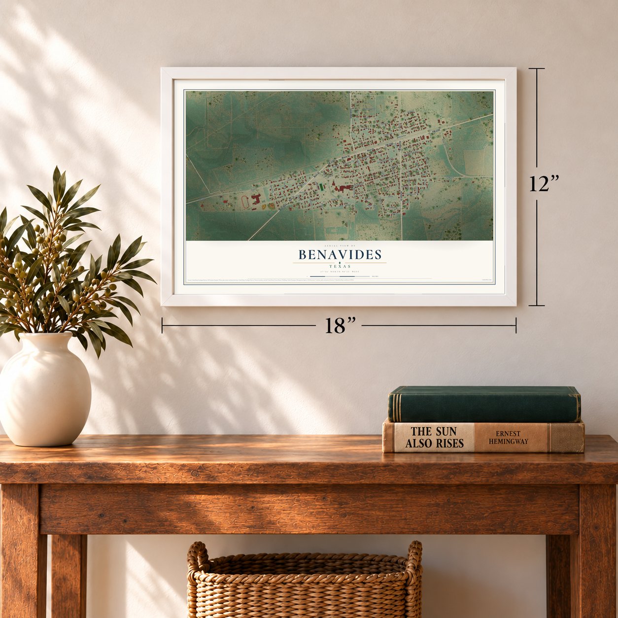 Benavides, Texas map, 12 x 18 inch print in a white frame in an entryway