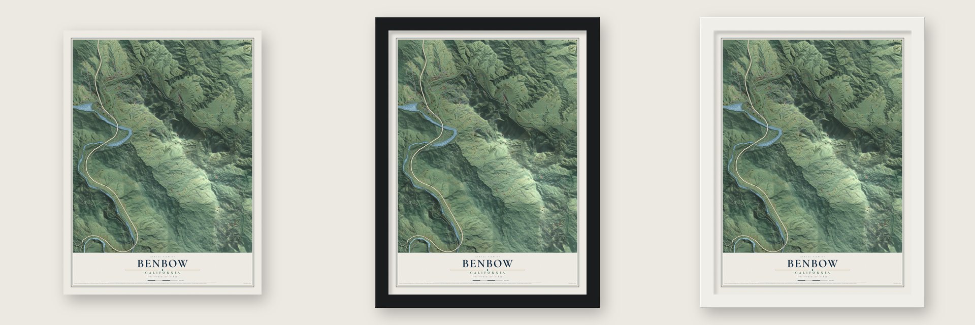 Benbow, California map unframed, in a black wood frame and in a white wood frame