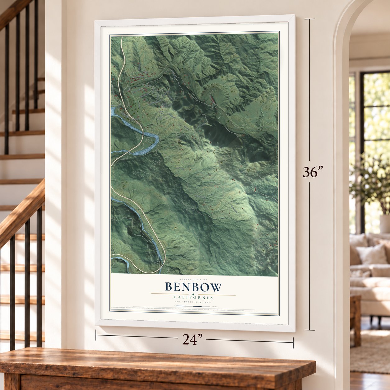 Benbow, California map, 24 x 36 inch print in a white frame by a staircase
