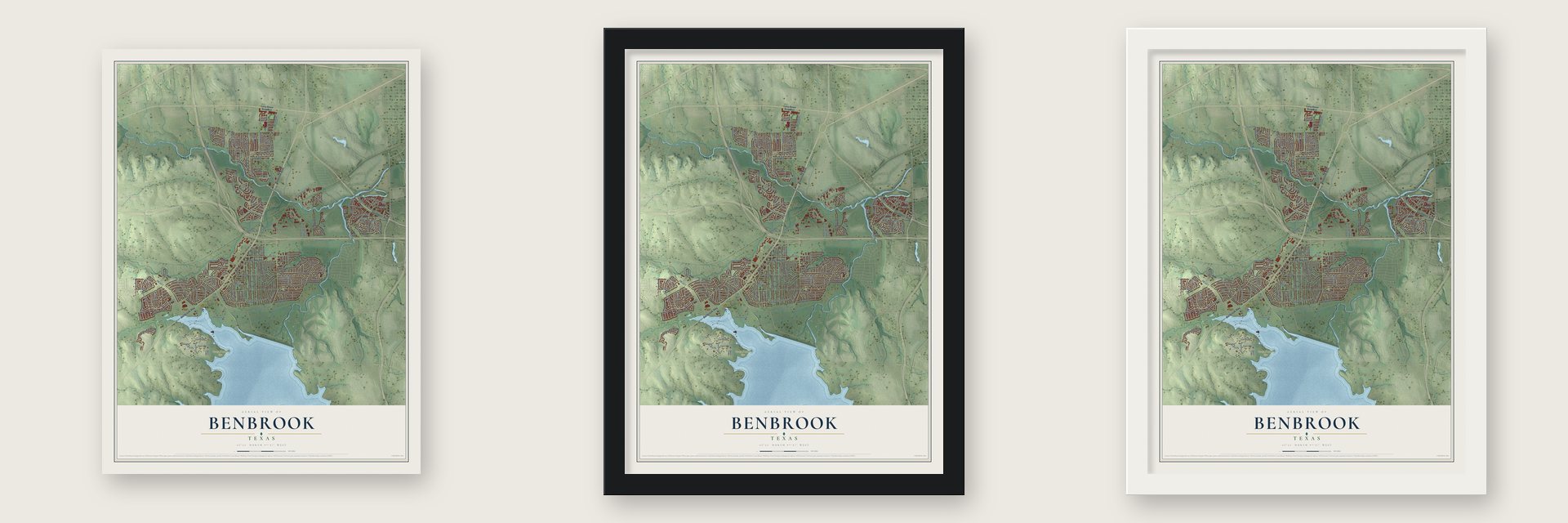 Benbrook, Texas map unframed, in a black wood frame and in a white wood frame