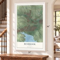 Benbrook, Texas map, 24 x 36 inch print in a white frame by a staircase