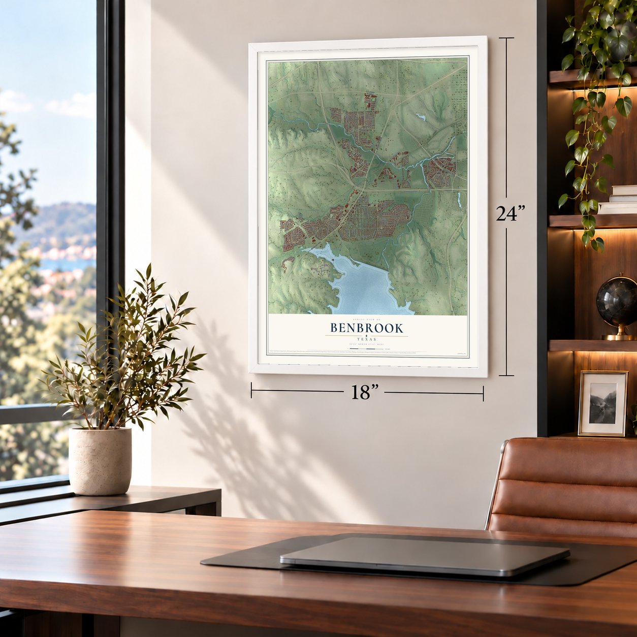 Benbrook, Texas map, 18 x 24 inch print in a white frame in a home office