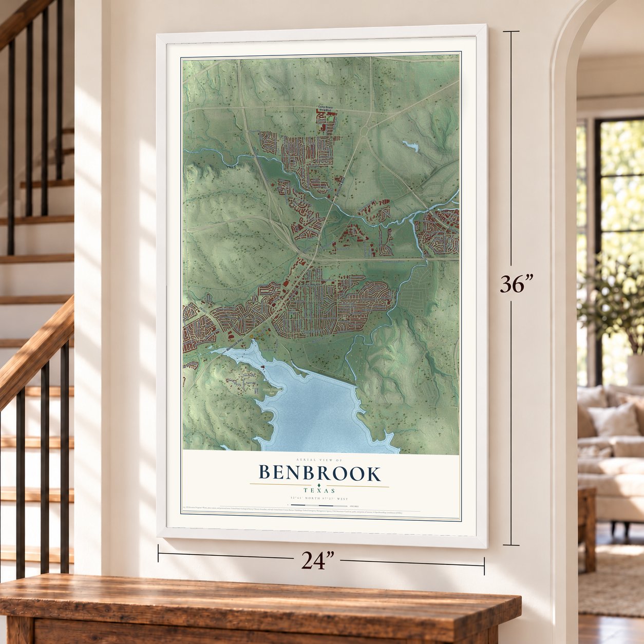Benbrook, Texas map, 24 x 36 inch print in a white frame by a staircase