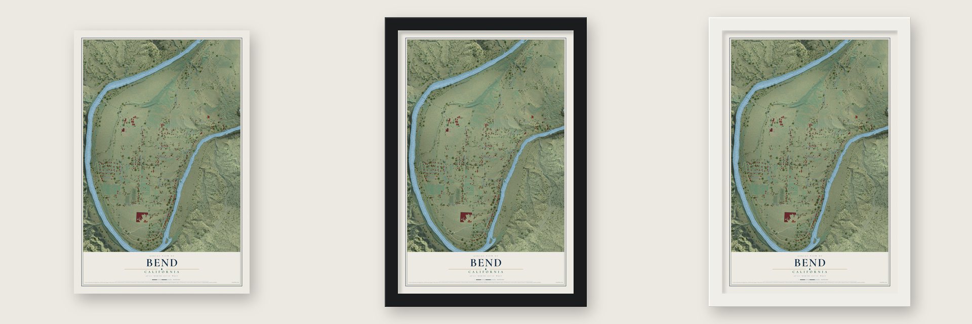 Bend, California map unframed, in a black wood frame and in a white wood frame