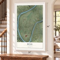 Bend, California map, 24 x 36 inch print in a white frame by a staircase