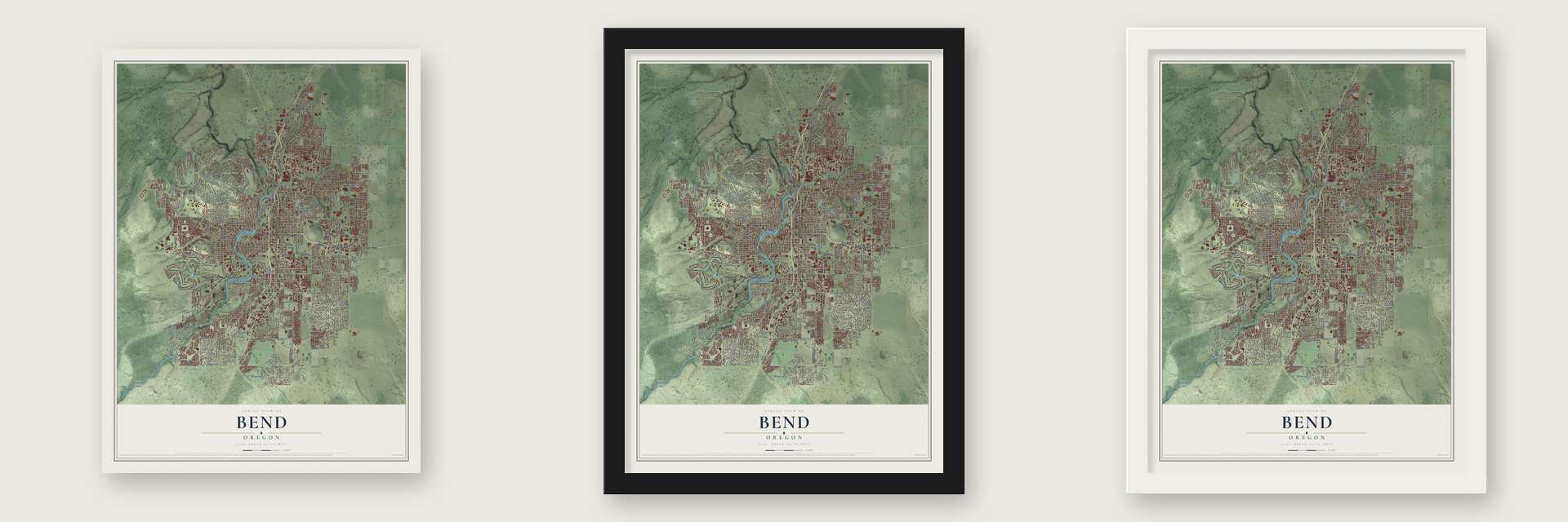 Bend, Oregon map unframed, in a black wood frame and in a white wood frame