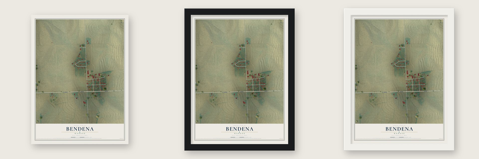 Bendena, Kansas map unframed, in a black wood frame and in a white wood frame