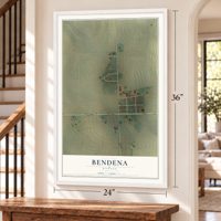 Bendena, Kansas map, 24 x 36 inch print in a white frame by a staircase