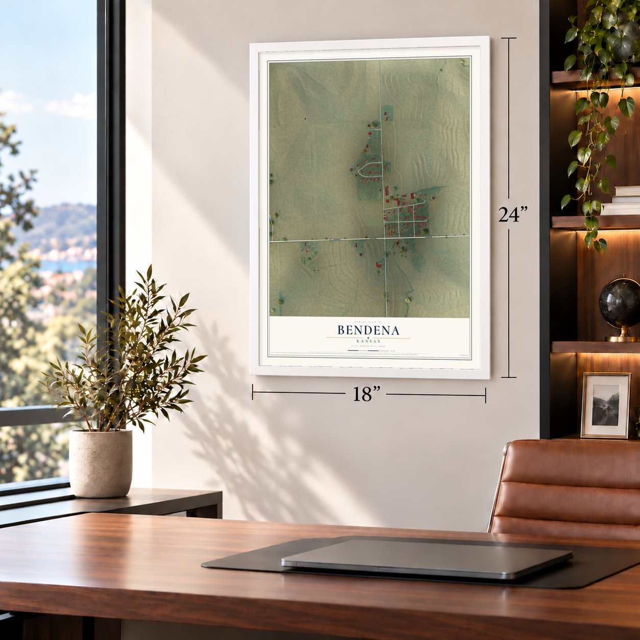 Bendena, Kansas map, 18 x 24 inch print in a white frame in a home office
