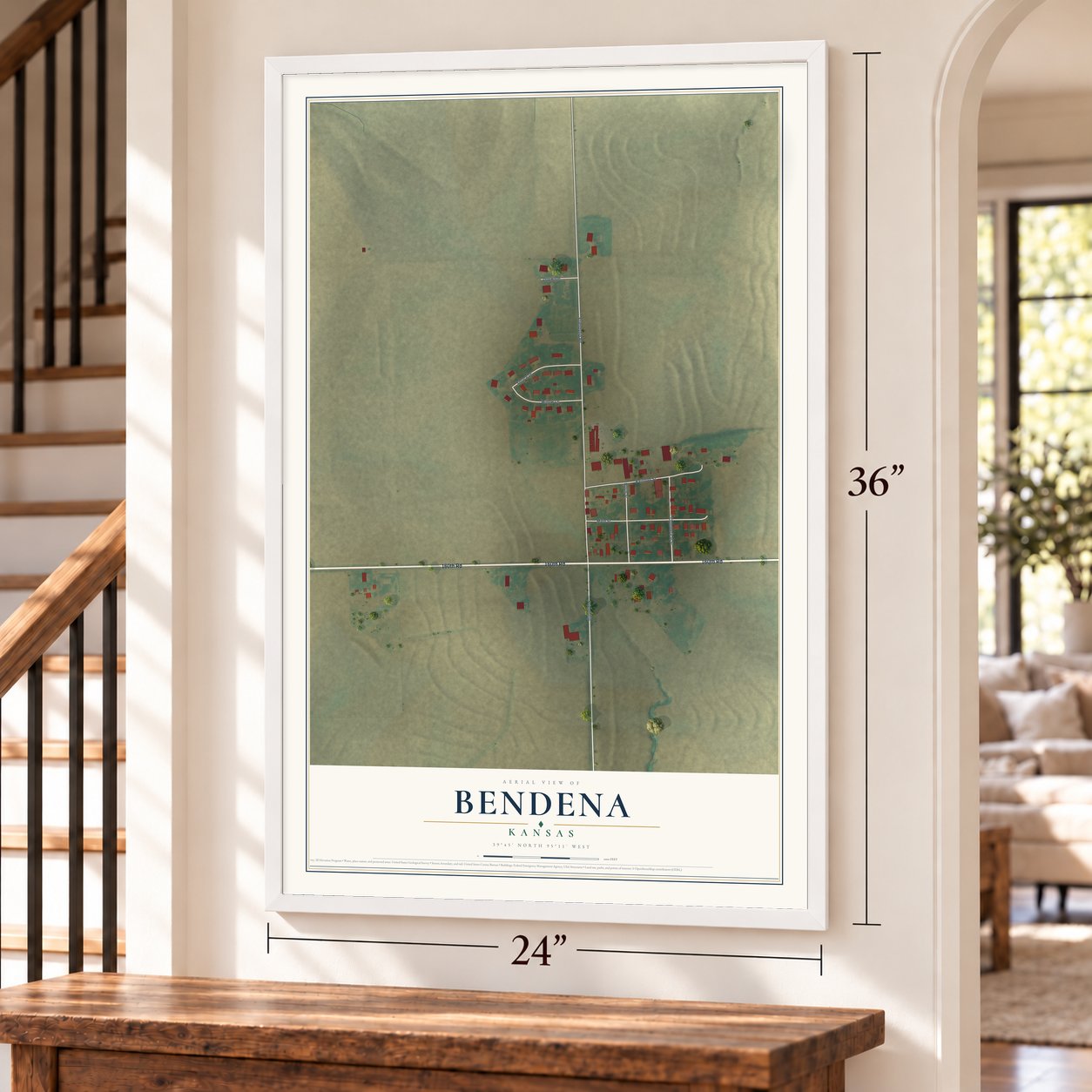 Bendena, Kansas map, 24 x 36 inch print in a white frame by a staircase