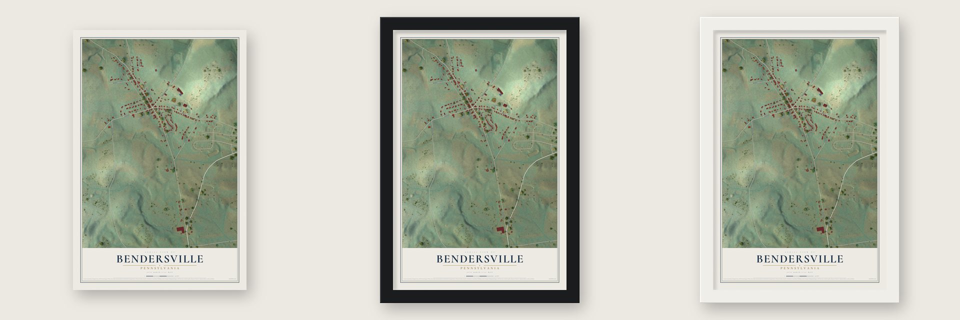 Bendersville, Pennsylvania map unframed, in a black wood frame and in a white wood frame