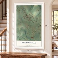 Bendersville, Pennsylvania map, 24 x 36 inch print in a white frame by a staircase