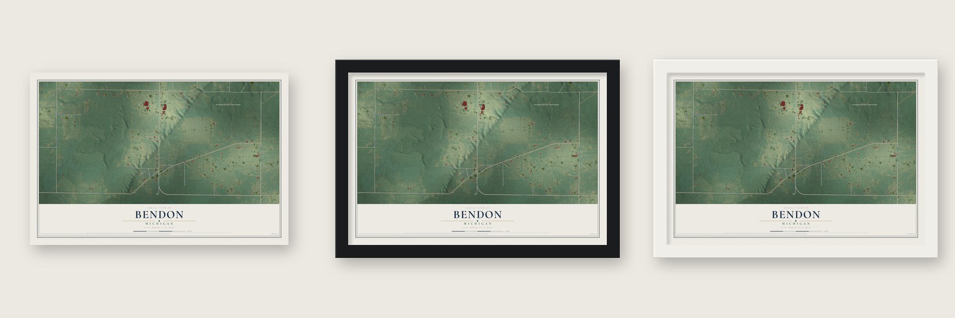 Bendon, Michigan map unframed, in a black wood frame and in a white wood frame