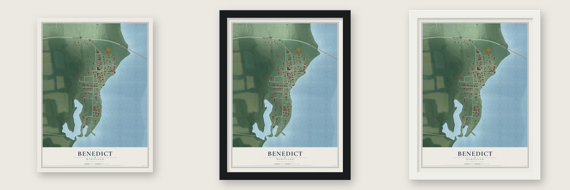 Benedict, Maryland map unframed, in a black wood frame and in a white wood frame