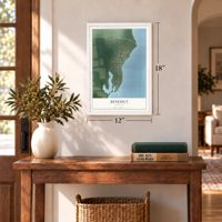 Benedict, Maryland map, 12 x 18 inch print in a white frame in an entryway