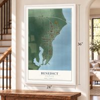 Benedict, Maryland map, 24 x 36 inch print in a white frame by a staircase
