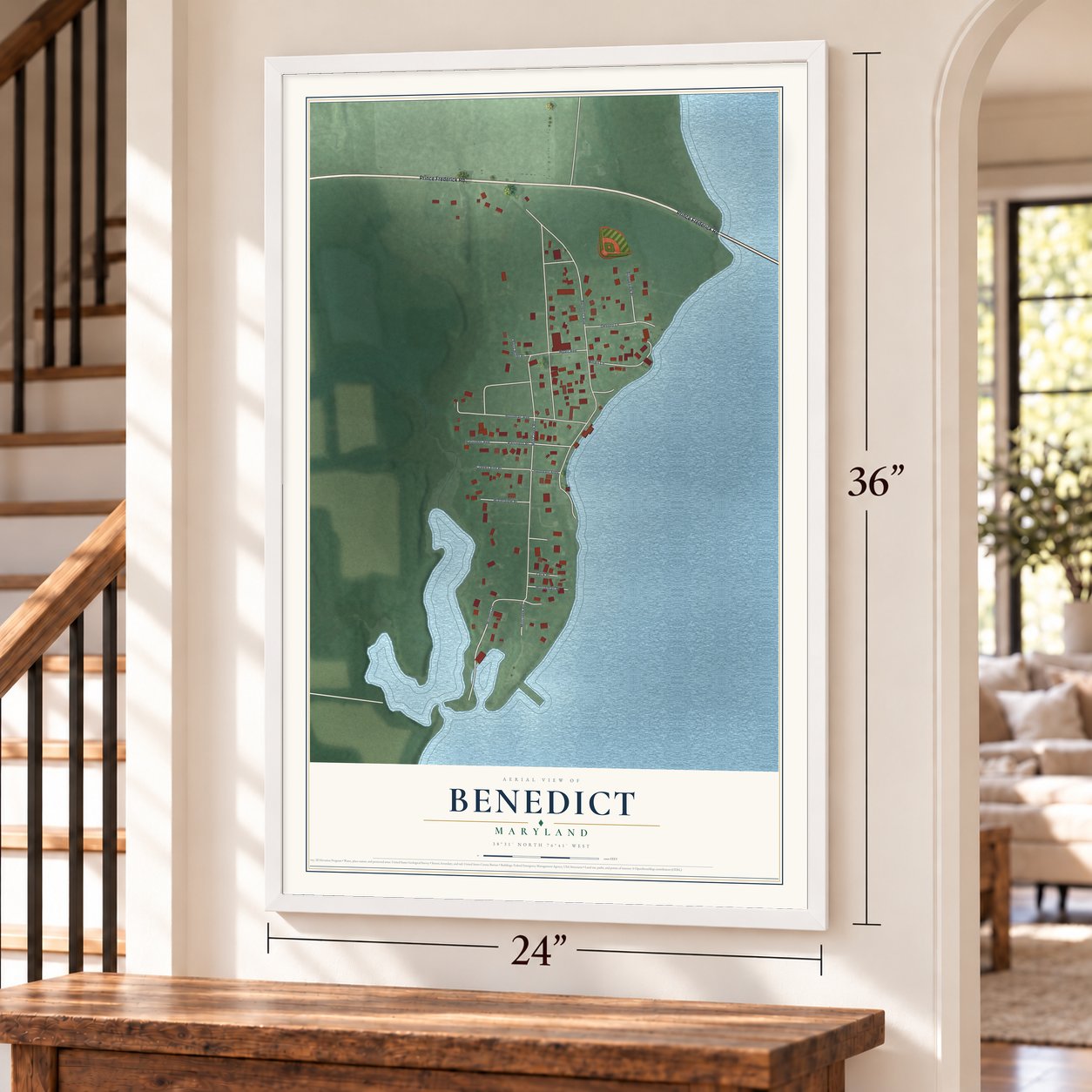 Benedict, Maryland map, 24 x 36 inch print in a white frame by a staircase