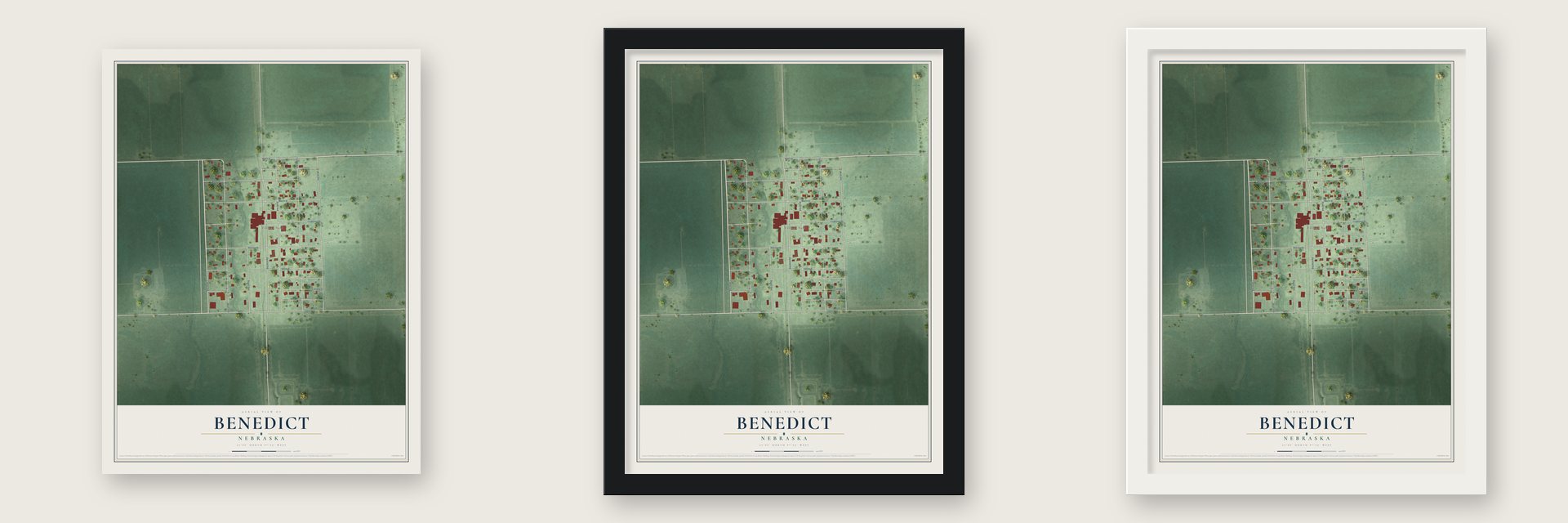 Benedict, Nebraska map unframed, in a black wood frame and in a white wood frame