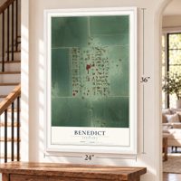 Benedict, Nebraska map, 24 x 36 inch print in a white frame by a staircase