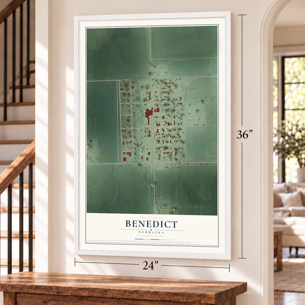Benedict, Nebraska map, 24 x 36 inch print in a white frame by a staircase