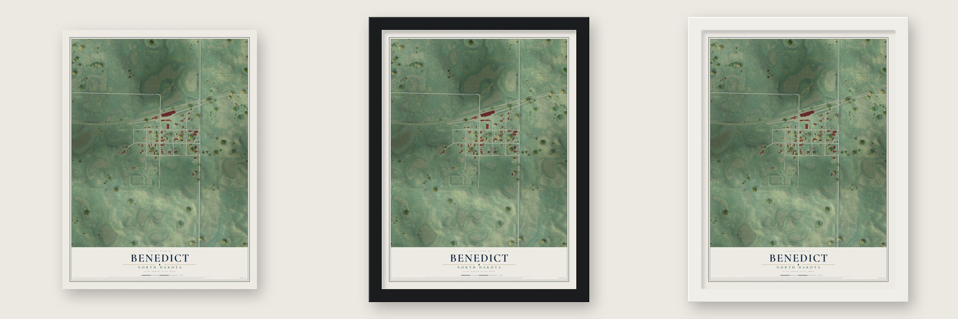 Benedict, North Dakota map unframed, in a black wood frame and in a white wood frame