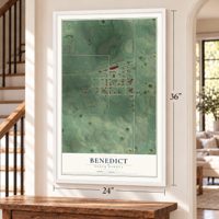 Benedict, North Dakota map, 24 x 36 inch print in a white frame by a staircase