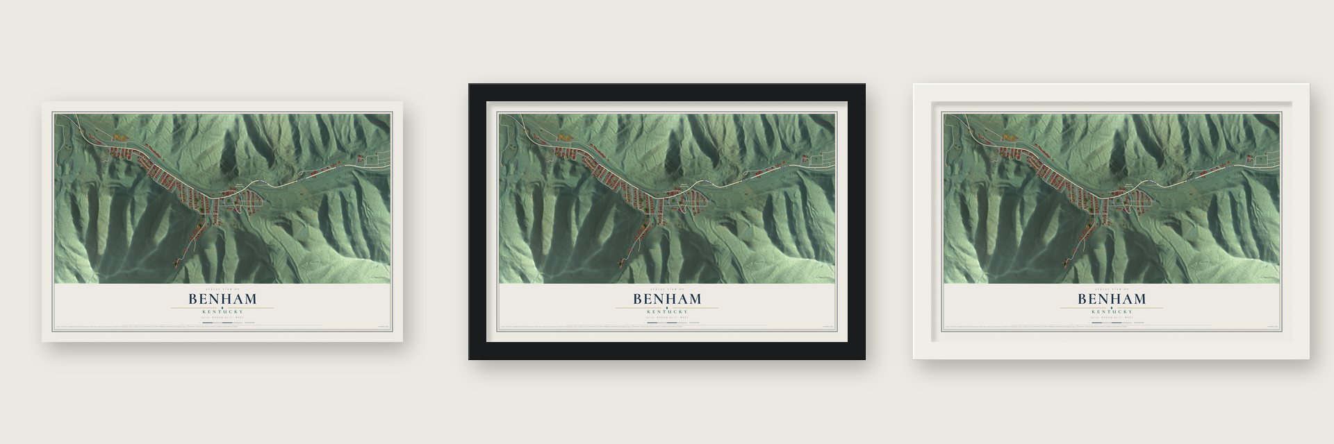 Benham, Kentucky map unframed, in a black wood frame and in a white wood frame