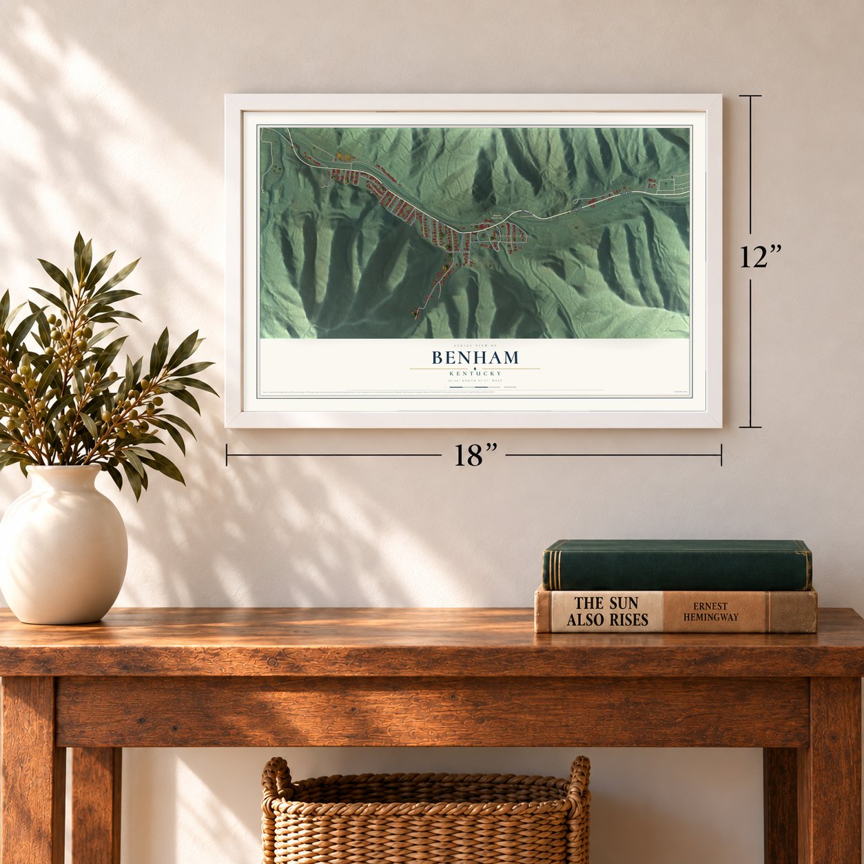 Benham, Kentucky map, 12 x 18 inch print in a white frame in an entryway