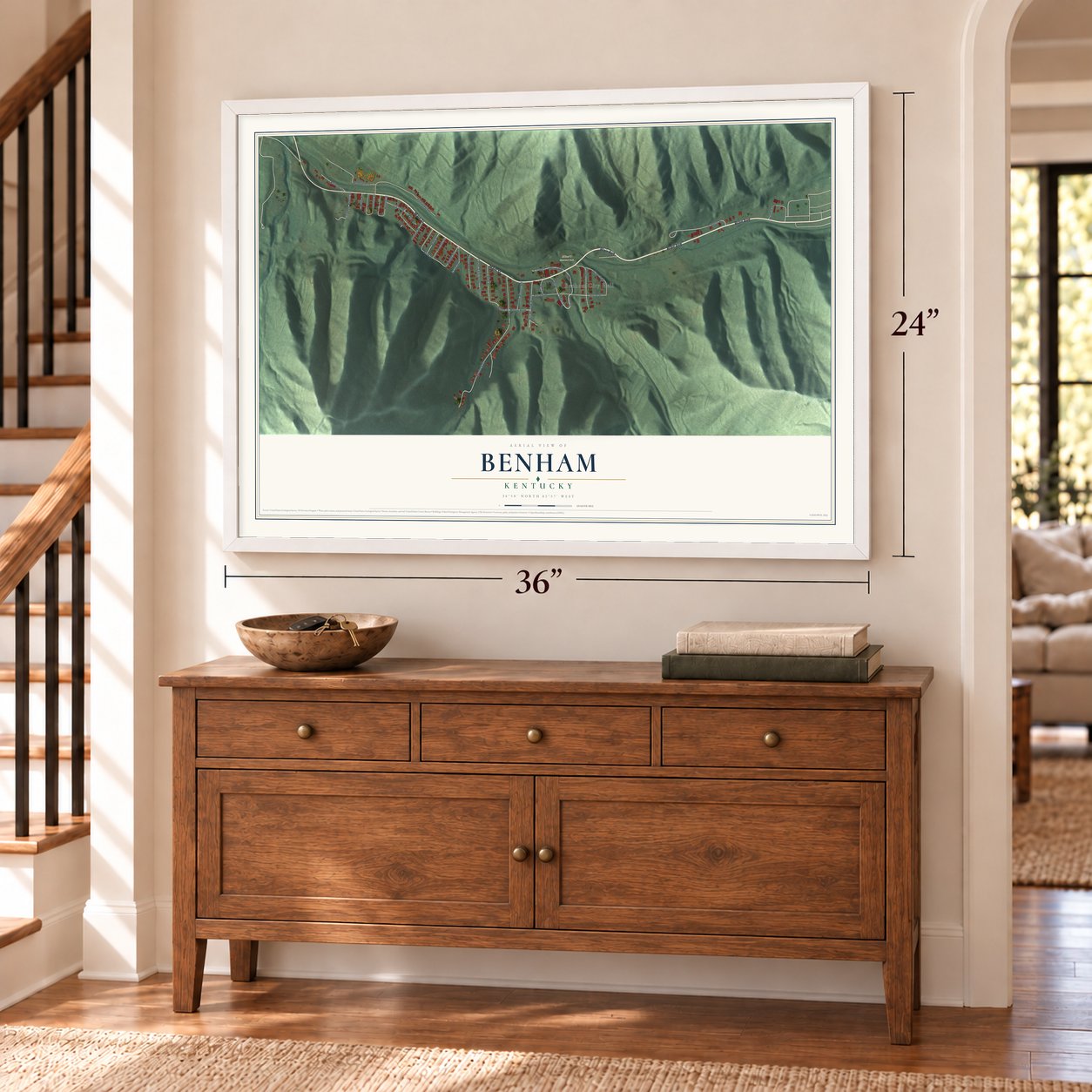 Benham, Kentucky map, 24 x 36 inch print in a white frame above a dresser by a staircase
