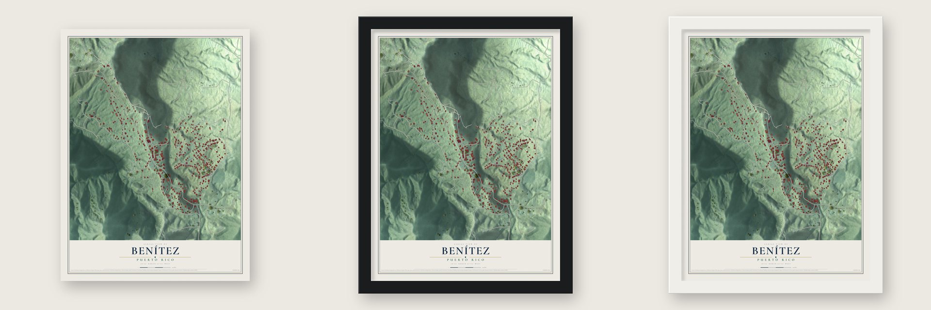 Benítez, Puerto Rico map unframed, in a black wood frame and in a white wood frame