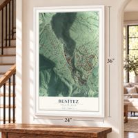 Benítez, Puerto Rico map, 24 x 36 inch print in a white frame by a staircase