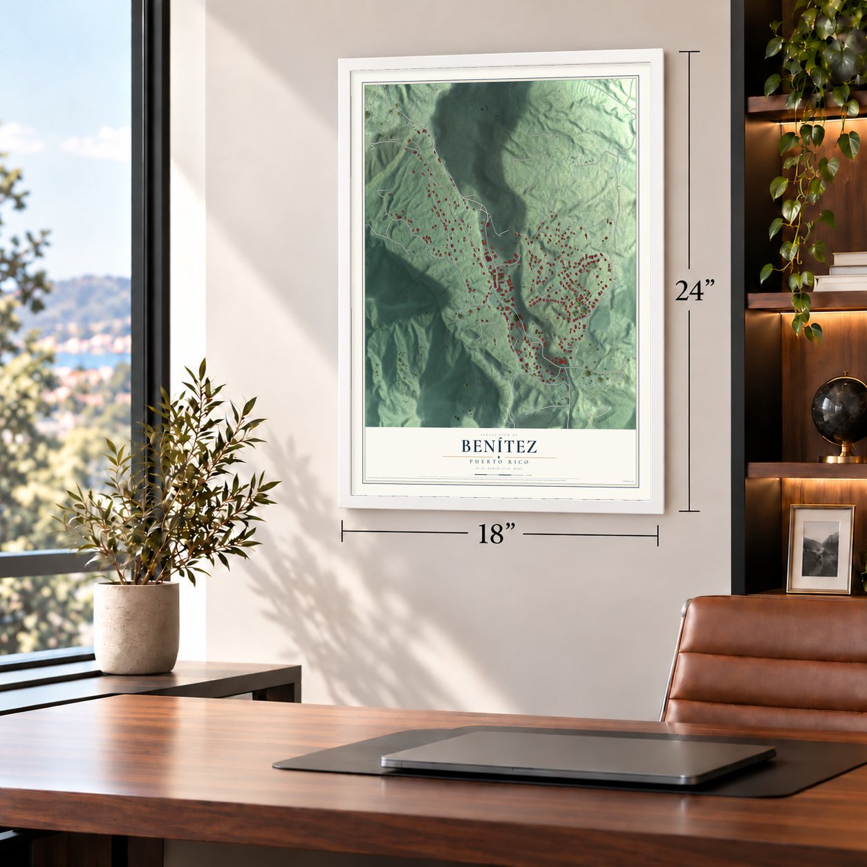 Benítez, Puerto Rico map, 18 x 24 inch print in a white frame in a home office