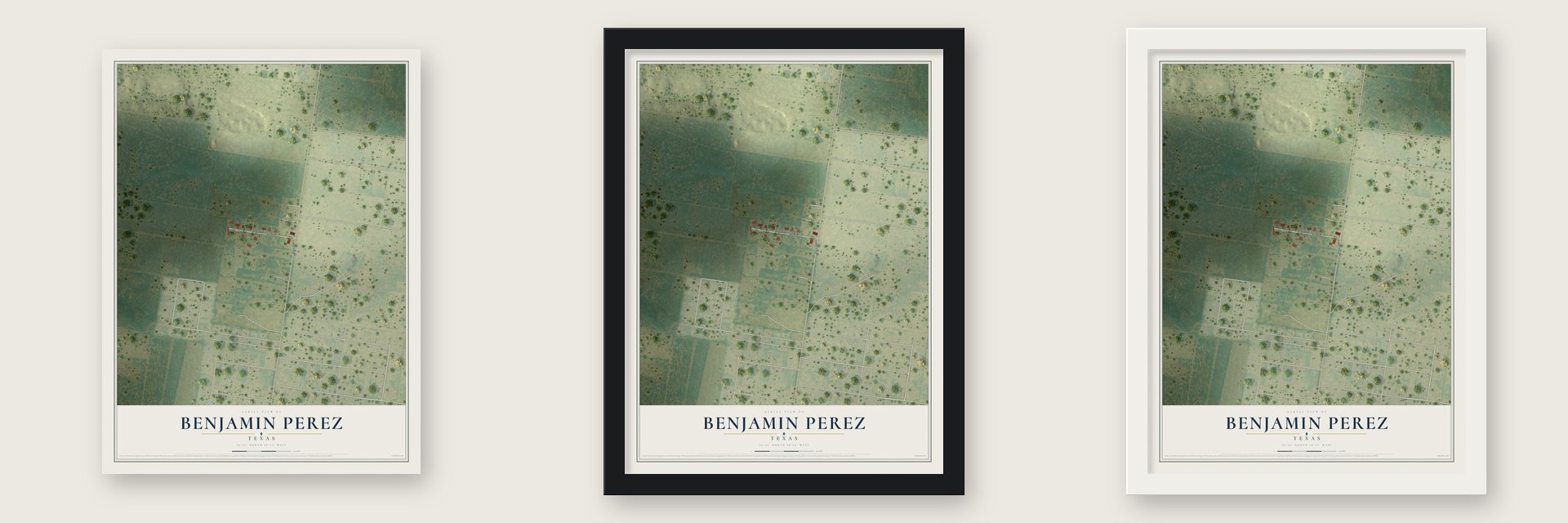 Benjamin Perez, Texas map unframed, in a black wood frame and in a white wood frame