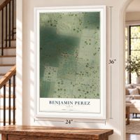 Benjamin Perez, Texas map, 24 x 36 inch print in a white frame by a staircase