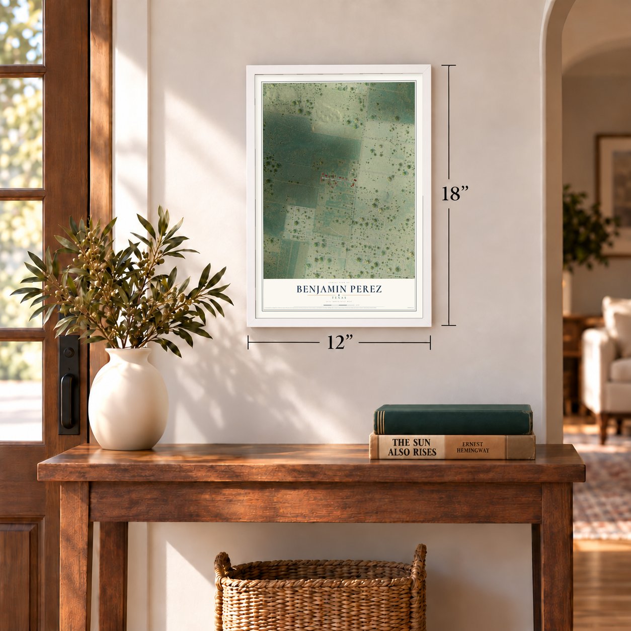 Benjamin Perez, Texas map, 12 x 18 inch print in a white frame in an entryway