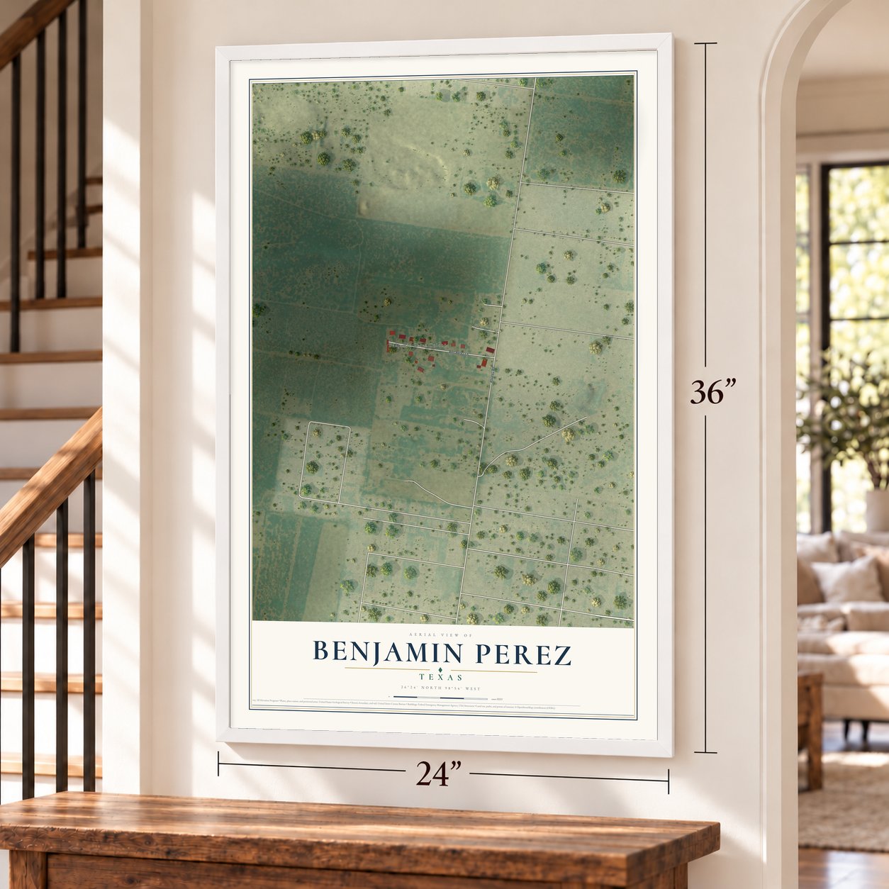 Benjamin Perez, Texas map, 24 x 36 inch print in a white frame by a staircase