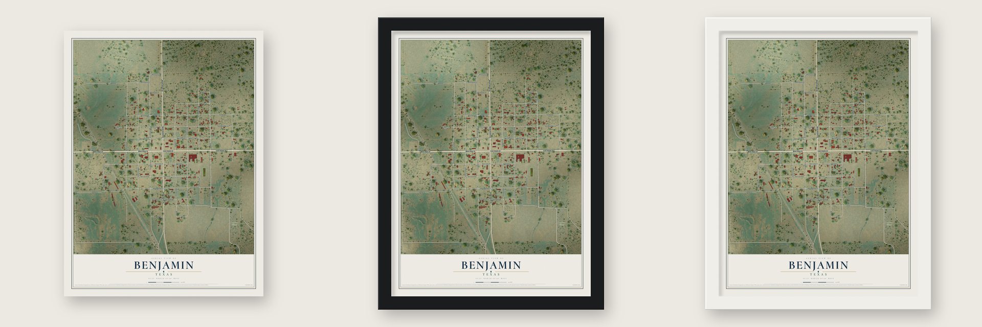 Benjamin, Texas map unframed, in a black wood frame and in a white wood frame