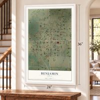 Benjamin, Texas map, 24 x 36 inch print in a white frame by a staircase