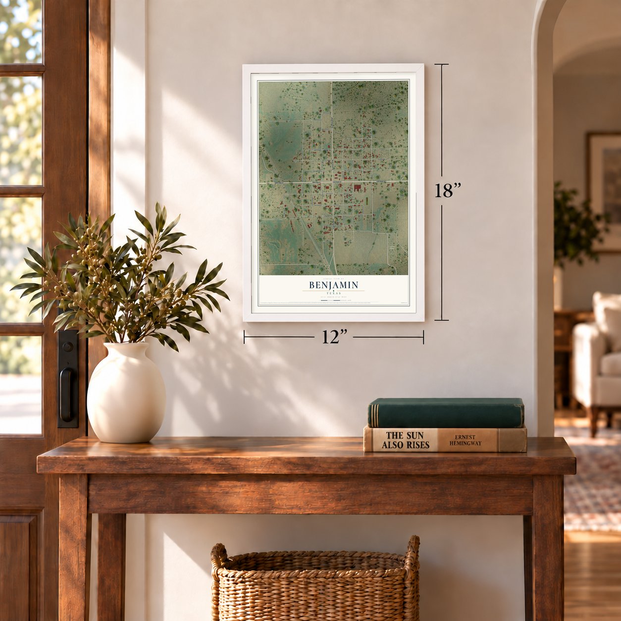 Benjamin, Texas map, 12 x 18 inch print in a white frame in an entryway