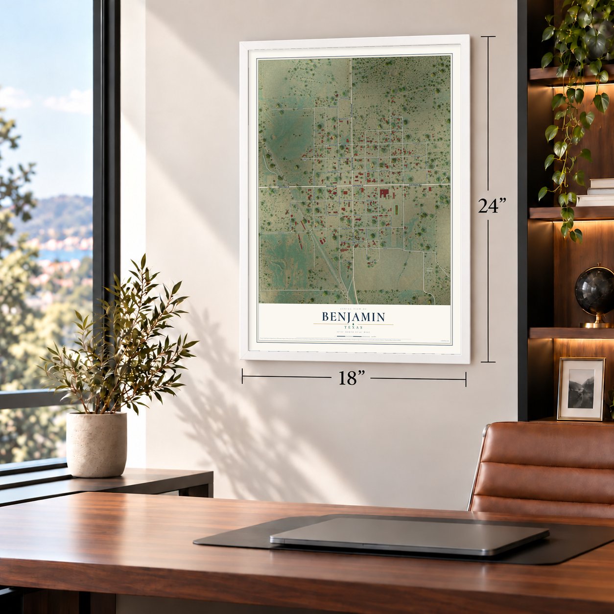 Benjamin, Texas map, 18 x 24 inch print in a white frame in a home office