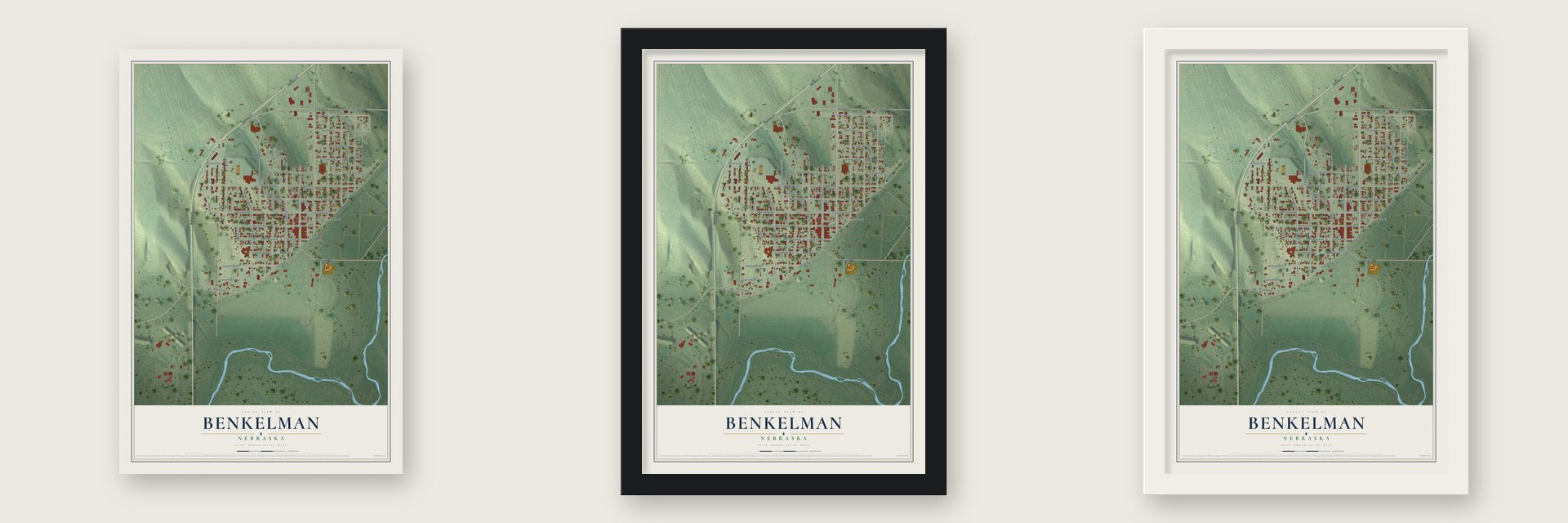 Benkelman, Nebraska map unframed, in a black wood frame and in a white wood frame